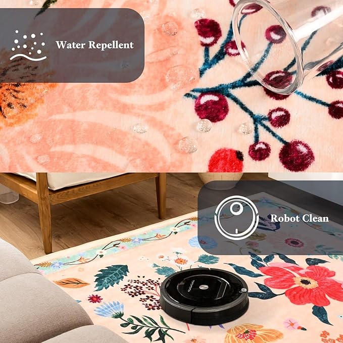 2x3 Small Floral Rug for Entryway, Flowers Printed Washable Rugs with Non Slip Backing for Girls Bedroom Kitchen, Cute Throw Carpet Front Door Entry Decor, Peach White