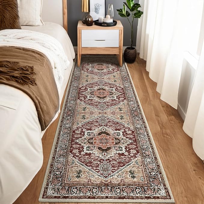 BESTSWEETIE 2x8 Area Rugs for Living Room Washable Non Slip Carpet Low Pile Soft Vintage Print Pattern Rug for Bedroom Dining Room Kitchen Entryway Indoor-Wine/Brown/Brick/Black/Light tan