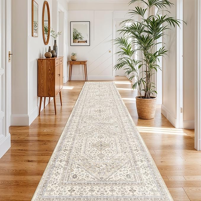 3x16 Runner Rug for Hallway Washable: Non Slip Kitchen Rugs with Rubber Backing Soft Waterproof Mats Stain Resistant Indoor Vintage Carpet Runner for Bedroom Bathroom Laundry Entryway Beige/Gray