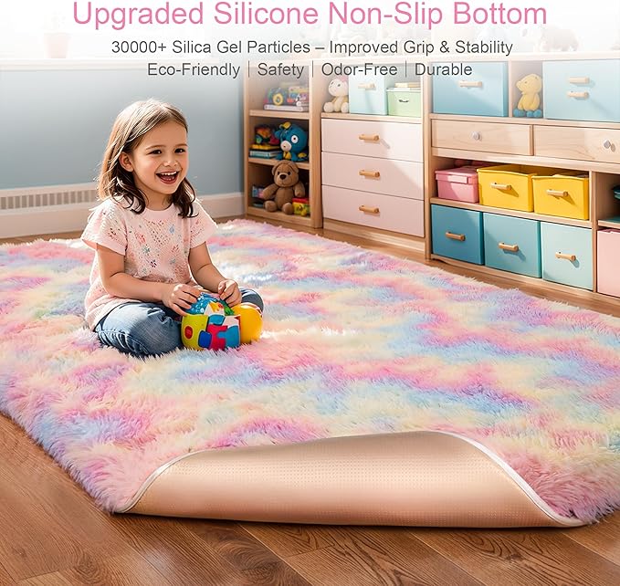 Thick Area Rug 5x8 Unicorn Fluffy Shag for Girls Bedroom, Rainbow Soft Fuzzy Furry Shaggy Pastel Rug for Living Room,Thickened Washable Non Slip Princess Kids Nursery Boys Dorm Room Carpets