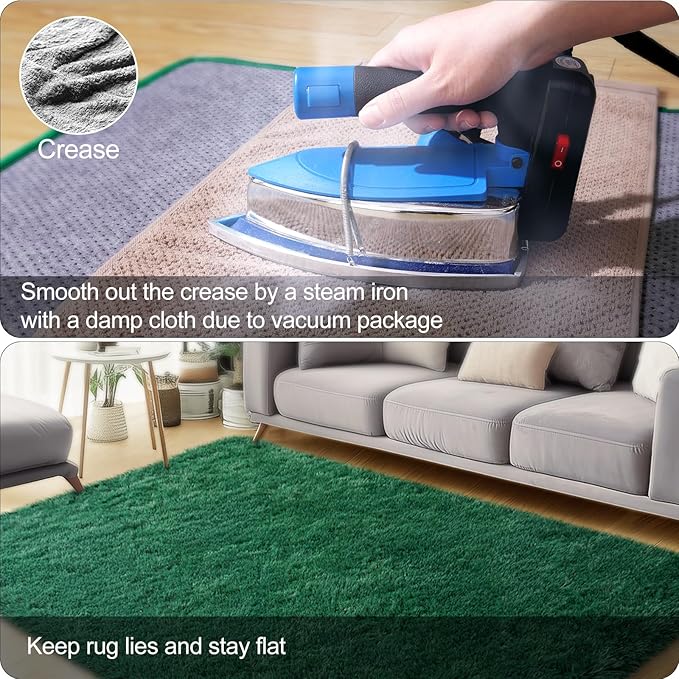 2x3 Rug for Bedroom, Fluffy Area Rugs for Living Room, Small Soft Shag Fuzzy Shaggy Carpets for Kids Boys and Girls Dorm with 4 Non-Slip Rug Tapes for Room Home Decor (2ft x 3ft, Dark Green)