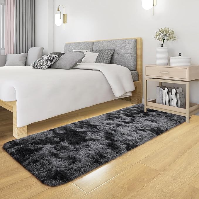 Tepook Fluffy Runner Rugs for Bedroom Aesthetic 2x6 Feet, Shag Soft Bedside Rug with Non-Slip Bottom, Fuzzy Plush Carpet for Room, Hallway Rug for Nursery Dorm Indoor Home Decor, Tie-dye Dark Grey