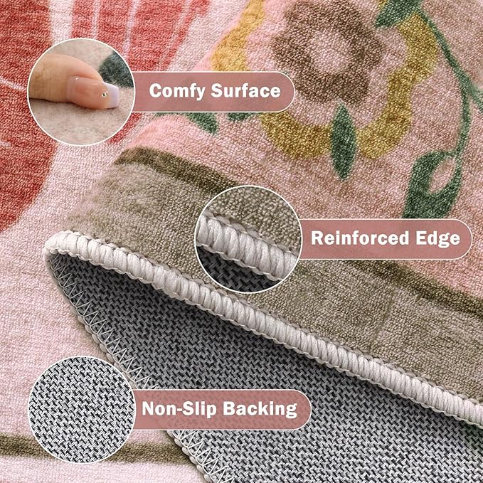 Beeiva Floral Washable Rugs for Living Room, Soft 5x7 Area Rugs Boho Non Slip for Bedroom, Ultra-Thin Low Pile Floor Carpet for Nursery Beige Rug Girl (Beige,5'x7')
