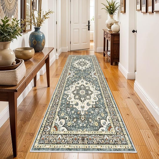 Washable Oriental Hallway Runner Rug - 3x8 Rugs for Living Room Soft Carpet for Bedroom Kitchen Waterproof Floral Distressed Indoor Stain Resistant Non-Shedding Floor Carpets (Blue, 3X8)