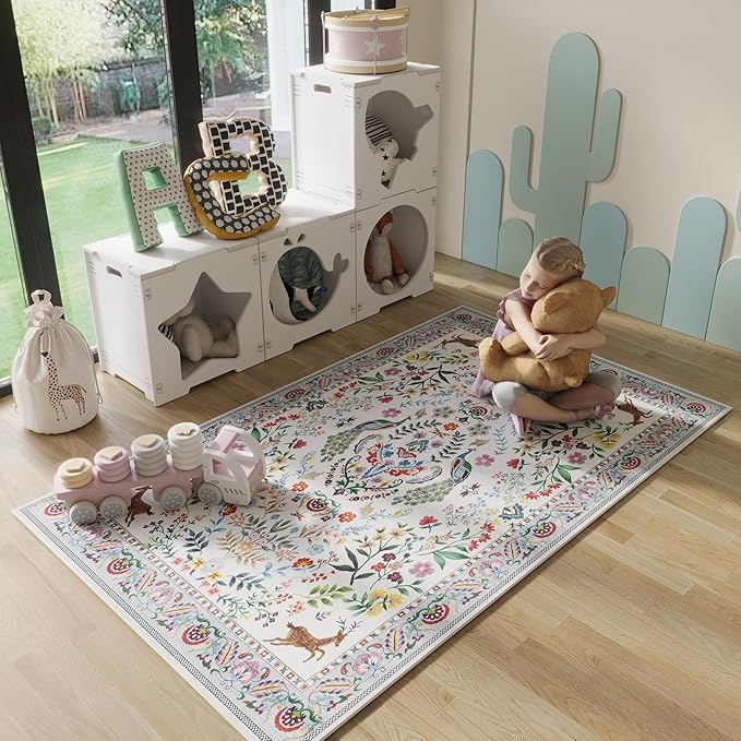 3x5 Rug Washable Area Rug Floral Office Rug Non Slip Small Carpet for Bedroom, Bedside, Kitchen, Entryway, Kids Room, Office(Colorful)