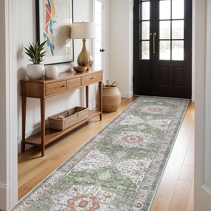 RUUGME Hallway 3X12 Runner Rugs - Kitchen Rugs Entryway Rug Runner Vintage Soft Floor Mat Stain Resistant Carpet for Bedroom Kitchen Bathroom with Non Slip Backing Floor Decoration 3x12 Sage