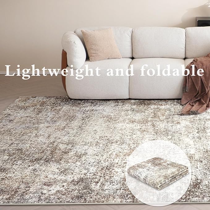 Area Rugs for Living Room: 9x12 Washable Neutral Abstract Rug for Bedroom Large Soft Modern Dining Room Rugs Indoor Floor Low Pile Carpet for Home Office Nursery - Brown Grey