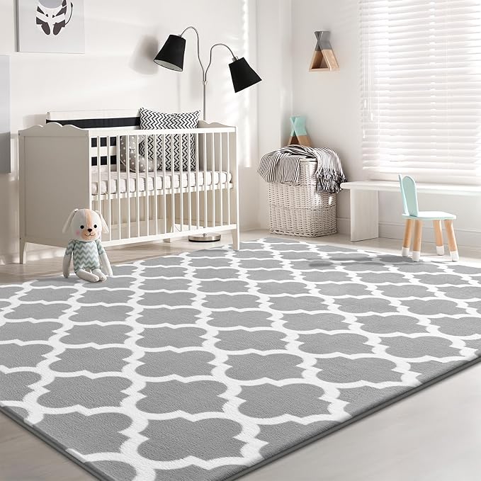 Geometric Shag Modern Area Rug for Living Room Bedroom, 3x5 Moroccan Fluffy Rug Indoor Carpet for Kids Nursery Bedside Room Decor, Memory Foam Super Soft Shaggy Rugs, Grey