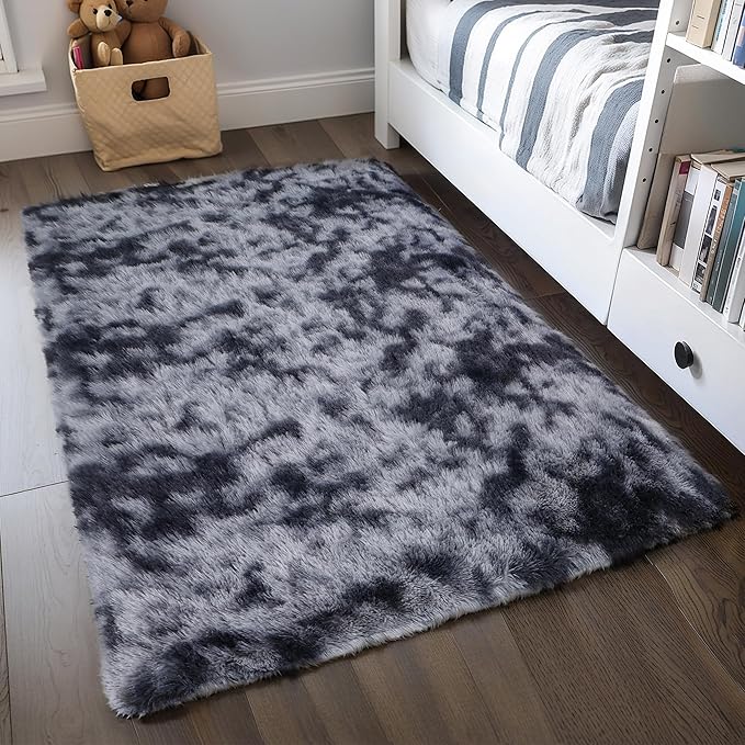 4x6 Dark Grey Fluffy Shag Rug for Bedroom, Soft Plush Fuzzy Washable Non Slip Floor Cozy Carpet for Living Room, Modern Comfy Furry Shaggy Area Rug for Kids Baby Nursery Dorm, Tie-Dye Gray