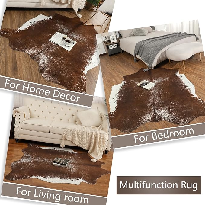 AROGAN 6×7.2 Feet Western Decor Faux Fur Cowhide Rug, Feet Premium Animal Skin Cow Hide Rug, Sturdy Cow Print Rugs for Wall Decor, Western Floor Carpet for Bedroom Living Room, Dark Brown
