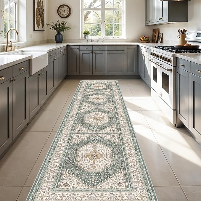 3x12 Runner Rug for Hallway Washable: Non Slip Kitchen Rugs with Rubber Backing Soft Waterproof Mats Stain Resistant Indoor Vintage Carpet Runner for Bedroom Bathroom Laundry Entryway Green/Beige