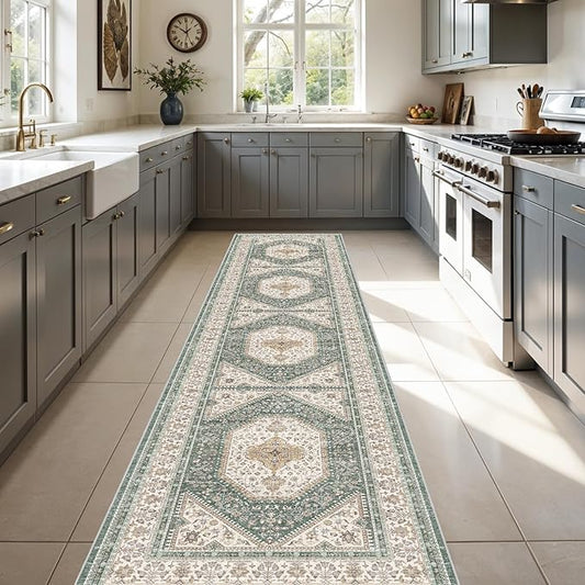 3x12 Runner Rug for Hallway Washable: Non Slip Kitchen Rugs with Rubber Backing Soft Waterproof Mats Stain Resistant Indoor Vintage Carpet Runner for Bedroom Bathroom Laundry Entryway Green/Beige