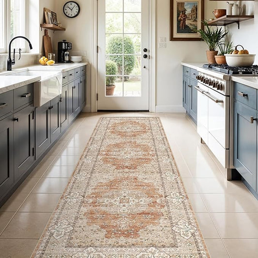 3x10 Runner Rug for Hallway Washable: Non Slip Kitchen Rugs with Rubber Backing Soft Waterproof Mats Stain Resistant Indoor Vintage Carpet Runner for Bedroom Bathroom Laundry Entryway Brick/Terracotta