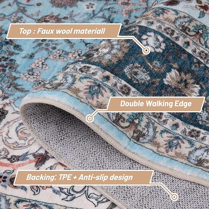 3x5 Area Rug, Washable Rugs for Living Room Bedroom Entryway Indoor Door mat, Vintage Boho Rugs Low-Pile Floor Carpet Light Blue
