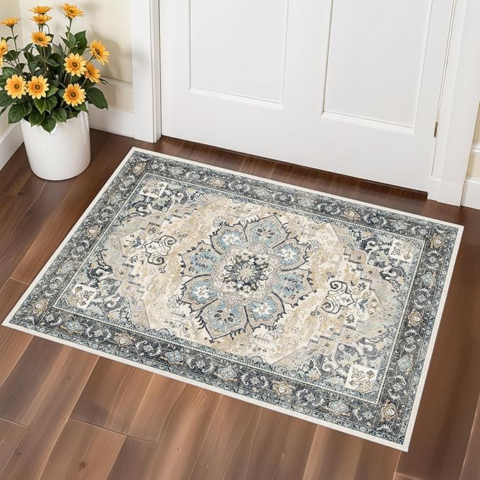 Washable Area Rug Vintage - Living Room Farmhouse Oriental Rug 2x3 Distressed Non-Slip Stain Resistant Carpet for Bedroom Dining Room Home Kitchen Office (2x3 Blue/Cream)