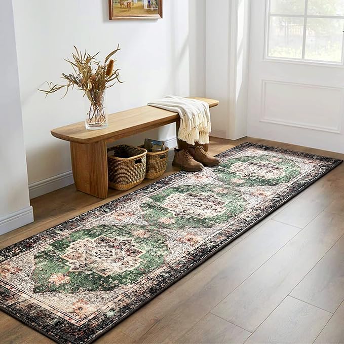 2x8 Runner Rug Green Boho Area Rugs for Hallway Indoor Laundry Room Bathroom Lightweight Non Slip Vintage Rug Washable Retro Distressed Carpet