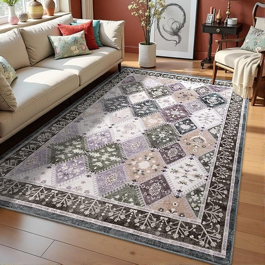 4x6 Washable Area Rug for Bedroom,Boho Non-Slip Living Room Rugs, Moroccan Floral Trellis Carpet Soft Low Pile Accent Indoor Mat for Bedside Kitchen Laundry Room, Teal/Grey