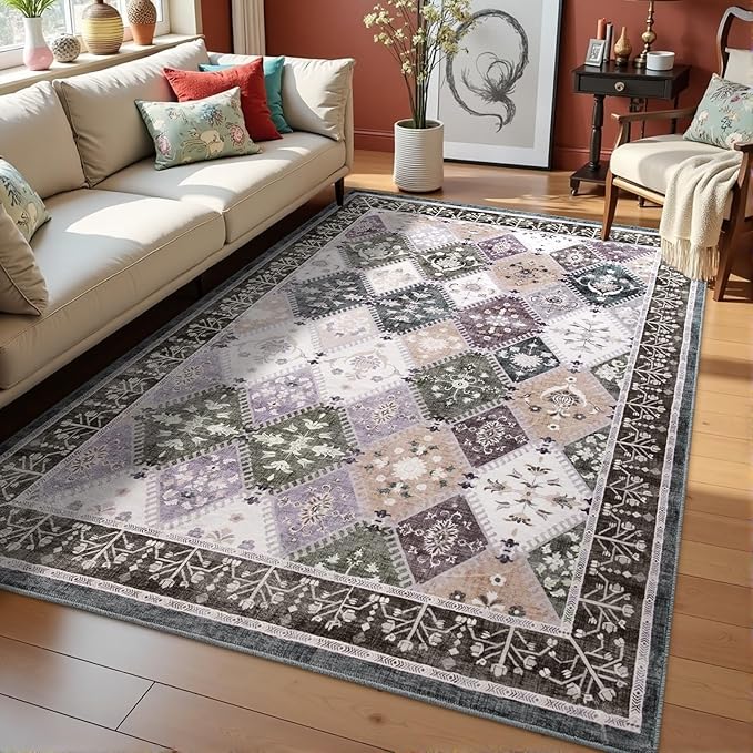 3x5 Washable Area Rug for Bedroom,Boho Non-Slip Living Room Rugs, Moroccan Floral Trellis Carpet Soft Low Pile Accent Indoor Mat for Bedside Entryway Kitchen Laundry Room, Teal/Grey