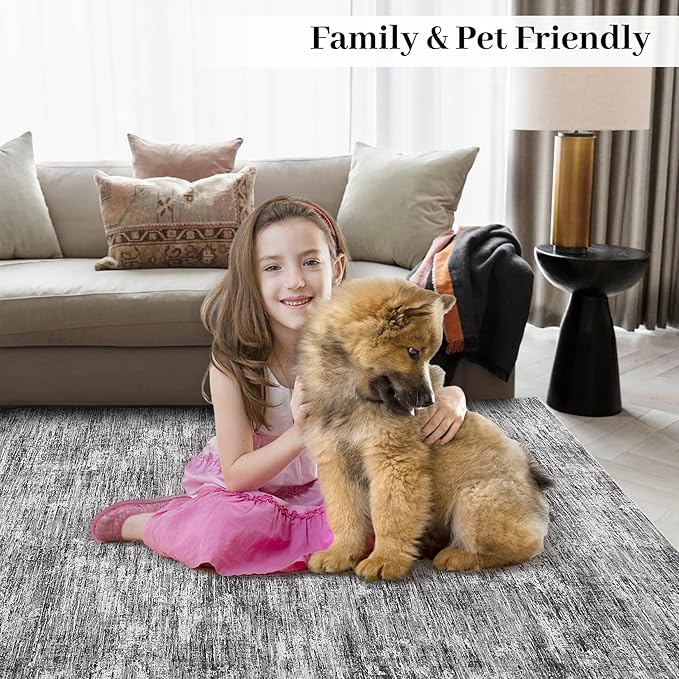 Washable Rug 10x13 for Living Room Modern Abstract Area Rug Non-Slip Contemporary Bedroom Rug Stain Resistant Aesthetic Accent Floor Carpet Foldable Solid Rug for Home Office, Ivory/Grey