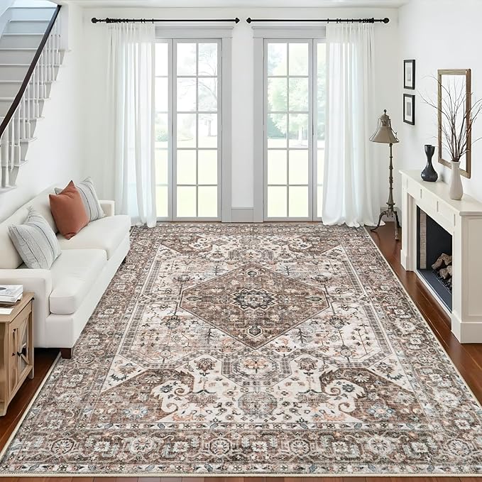 Washable 9x12 Large Area Rug: Vintage Non-Slip Backing Rugs for Living Room Stain Resistant Bedroom Carpet Soft Medallion Farmhouse Floor Mat for Dining Room Home Office 9x12 Brown