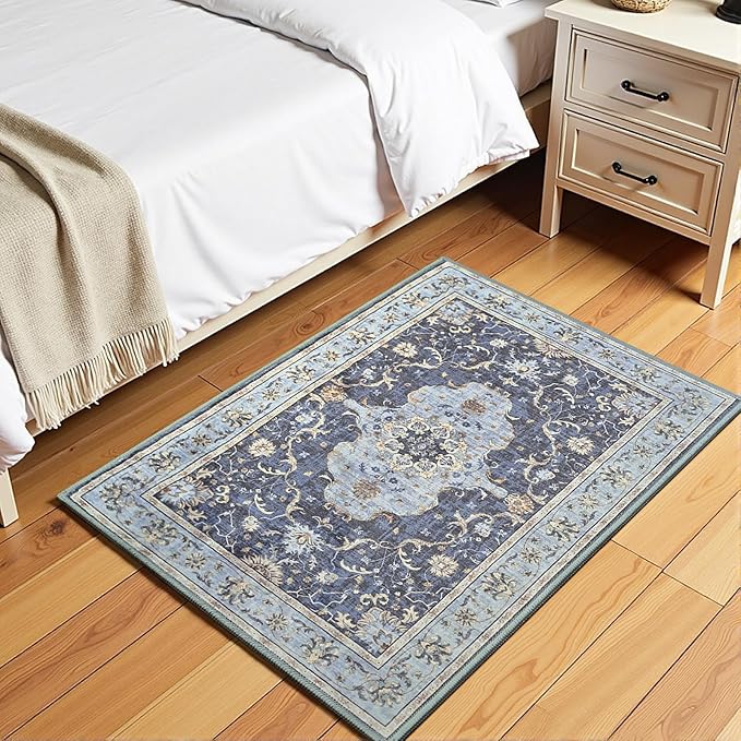 Vasofe Navy Blue 2x3 Small Front Door Mat, Bathroom Rugs, Indoor Entrance Mats, Machine Washable Low-Pile Hallway Entry Carpet, Vintage Floral Print Indoor Floor Throw Carpets for Bedside Kitchen