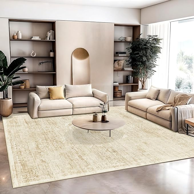 Washable Area Rug 8x10, Large Soft Rugs for Living Room Vintage Beige Rug 8x10 Area Rugs for Bedroom Dining Room Floral Non-Slip Thin Rug