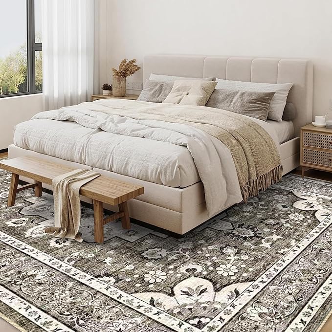 Washable 9x12 Large Area Rug: Vintage Non-Slip Backing Rugs for Living Room Stain Resistant Bedroom Carpet Soft Medallion Farmhouse Floor Mat for Dining Room Home Office (9x12 Beige)