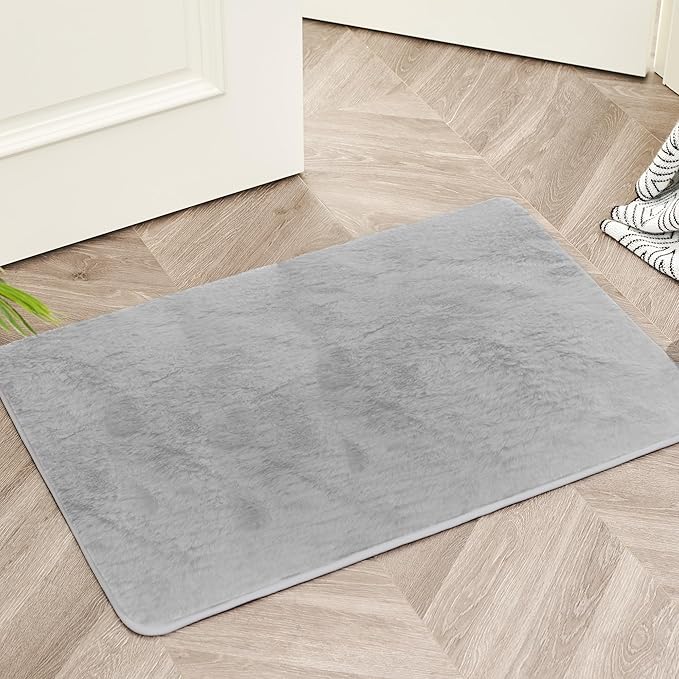 Ultra Soft Kitchen Rugs for Entryway Bathroom 2x3 Feet, Fuzzy Washable Indoor Door Mat - Cozy Faux Fur, Small Carpet for Bedroom Entry (Light Grey)