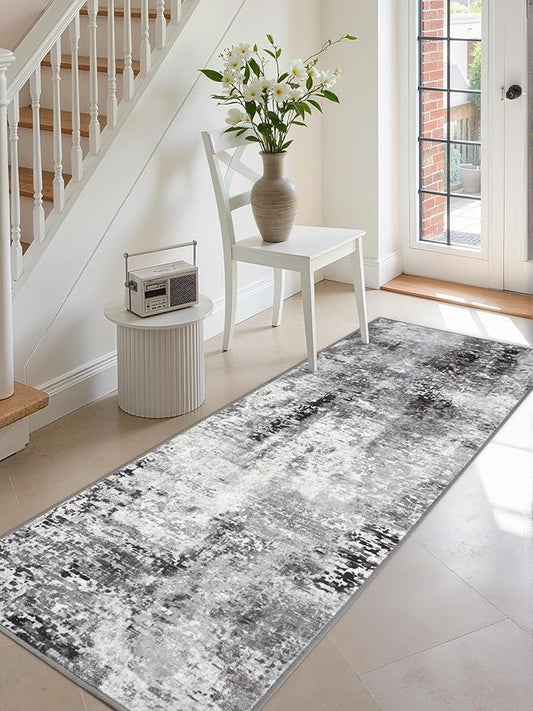 Washable Abstract Runner Rug, 2x6 Modern Area Rugs with Non-Slip Rubber Backed for Kitchen, Thin but Soft Contemporary Carpet Bedroom Entryway Hallway Decor, Dark Grey