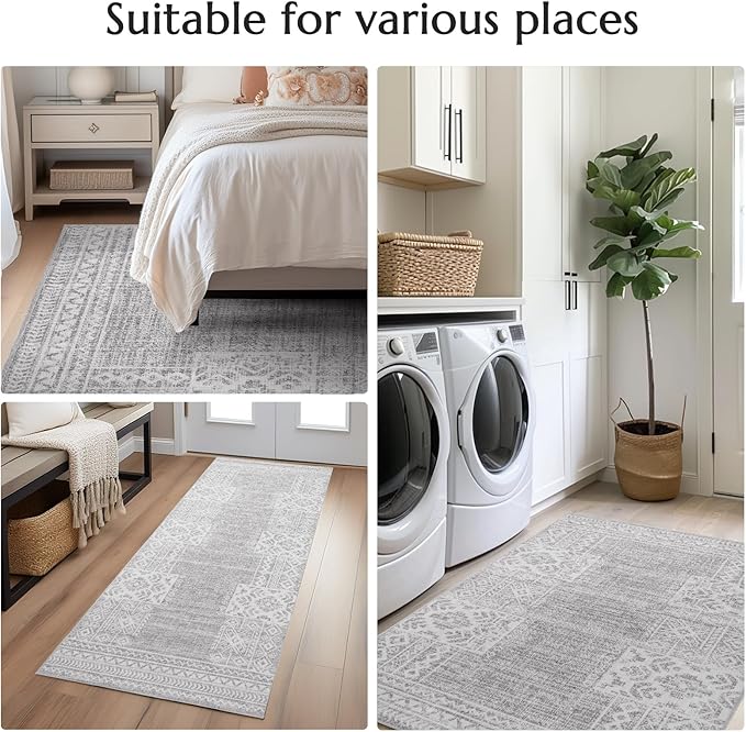jinchan Area Rug 2x3 Ultra-Thin Door Mat Washable Vintage Boho Geometric Entryway Rug Non-Slip Non-Shedding Carpet for Bathroom Bedroom Laundry Room Grey Ivory