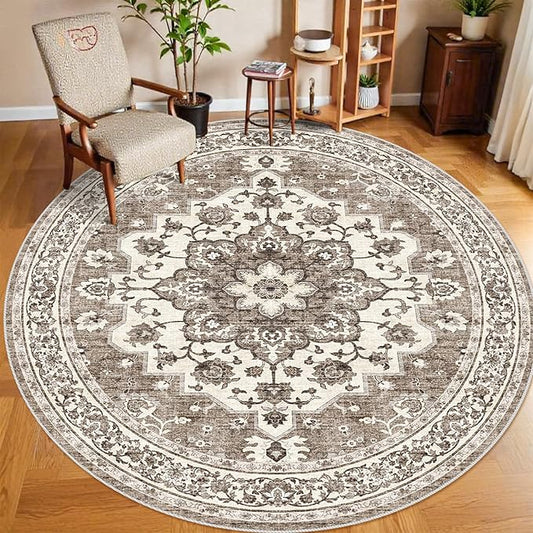 Washable Oriental Area Rug - 9ft Round Rugs for Living Room Soft Carpet for Bedroom Waterproof Floral Distressed Indoor Stain Resistant Non-Shedding Floor Carpets (Beige, 9ft-Round)
