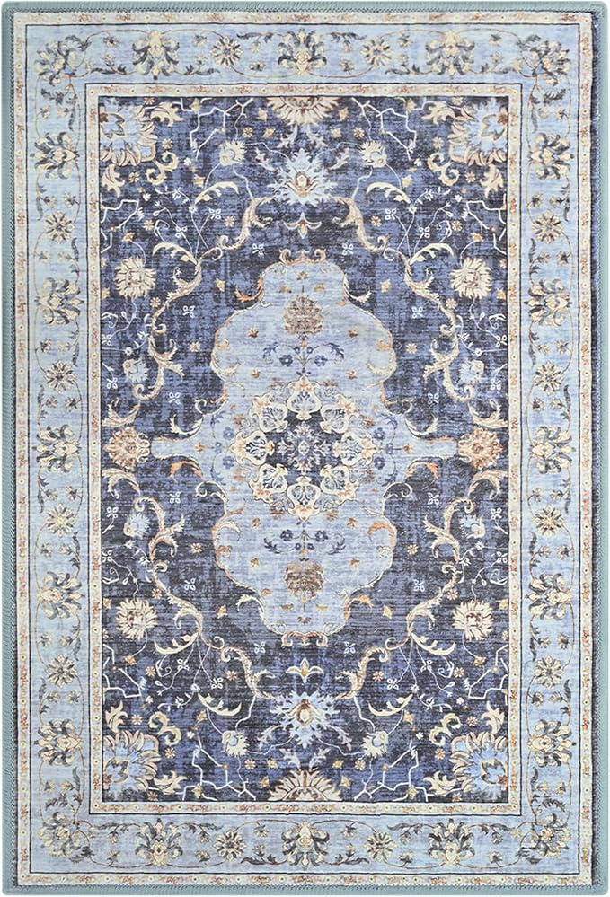 Vasofe Navy Blue 2x3 Small Front Door Mat, Bathroom Rugs, Indoor Entrance Mats, Machine Washable Low-Pile Hallway Entry Carpet, Vintage Floral Print Indoor Floor Throw Carpets for Bedside Kitchen