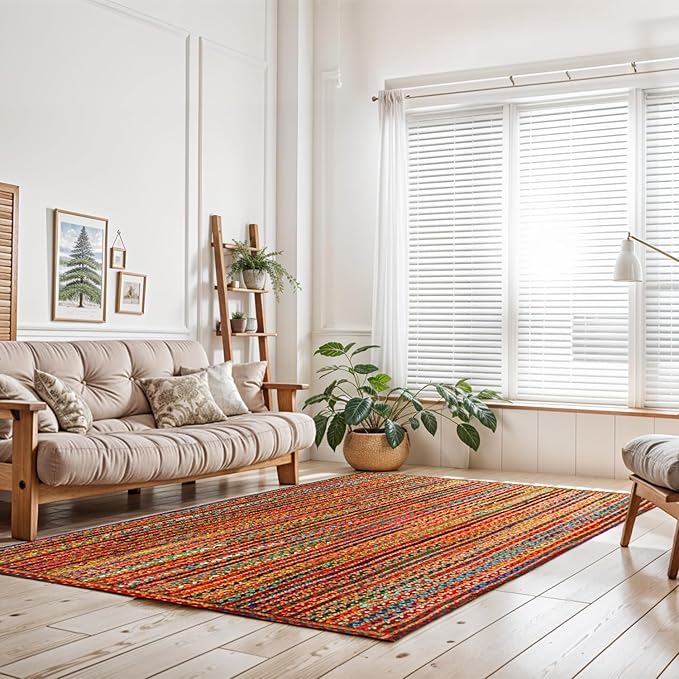 GRUHUM 8x10ft Jute Area Rug Natural Fibre Handmade Boho Farmhouse Soft Braided Chindi Rustic Vintage Rug for Indoor Kitchen Bedroom Living Room Hallways Enterways 8x10 feet Multicolor