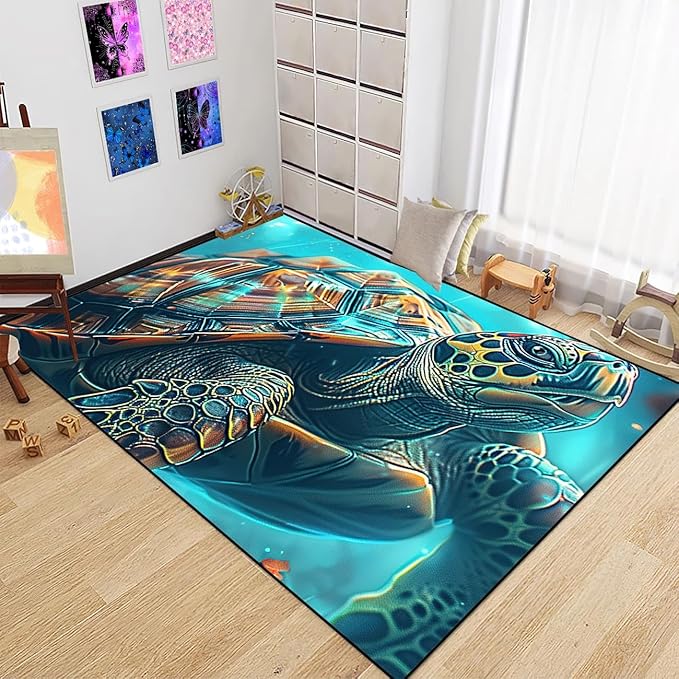 Sea Turtle Rug for Bedroom - Sea Turtle Ocean Animal Prints Carpet Rug for Kids Boys Underwater Ocean Theme Decor, 5x7 Feet