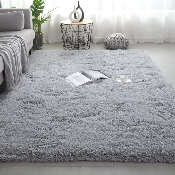 Shag Area Rugs for Bedroom Living Room,8X10 Ultra Soft Fluffy Area Rugs for Dorm, Indoor Carpet Nursery Rugs for Kids Girls Room Home Decor, Light Grey