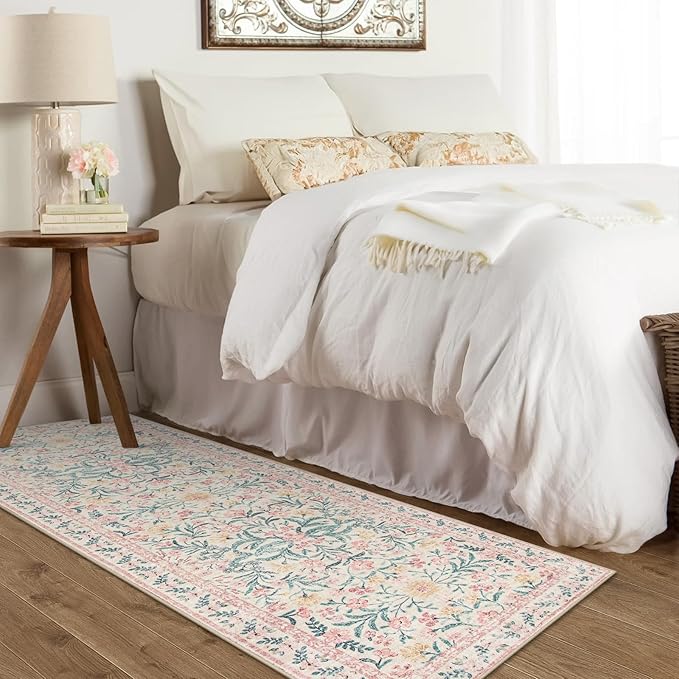 Morebes Boho Hallway Runner Rug 2x6,Floral Kitchen Runner Rugs Non Skid Washable,Super Soft Indoor Throw Carpet for Girls Bedroom Bedside Bathroom Laundry Room, Pink/Multi