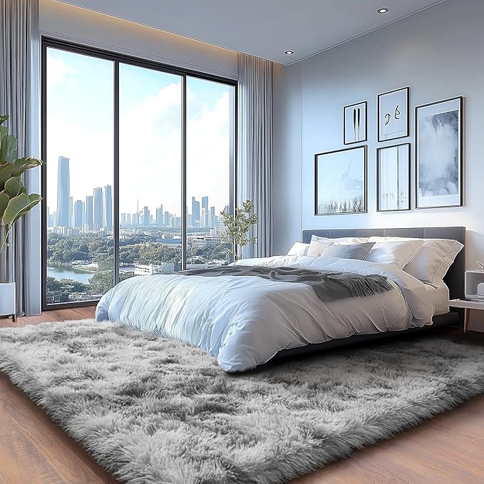 Ultra Soft Fluffy Rugs for Bedroom, Anti-Skid Indoor Carpet Nursery Rugs for Kids Room Home Decor, Rectangular Fuzzy Rug Tie-Dyed Light Grey 4x6 Feet