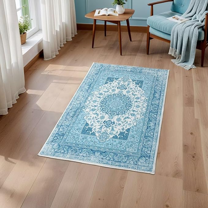 2x3 Small Area Rug for Entryway, Soft Washable Rugs with Non-Slip Backing for Bedroom Kitchen, Vintage Throw Carpet Laundry Entry Door Decor, Blue & White