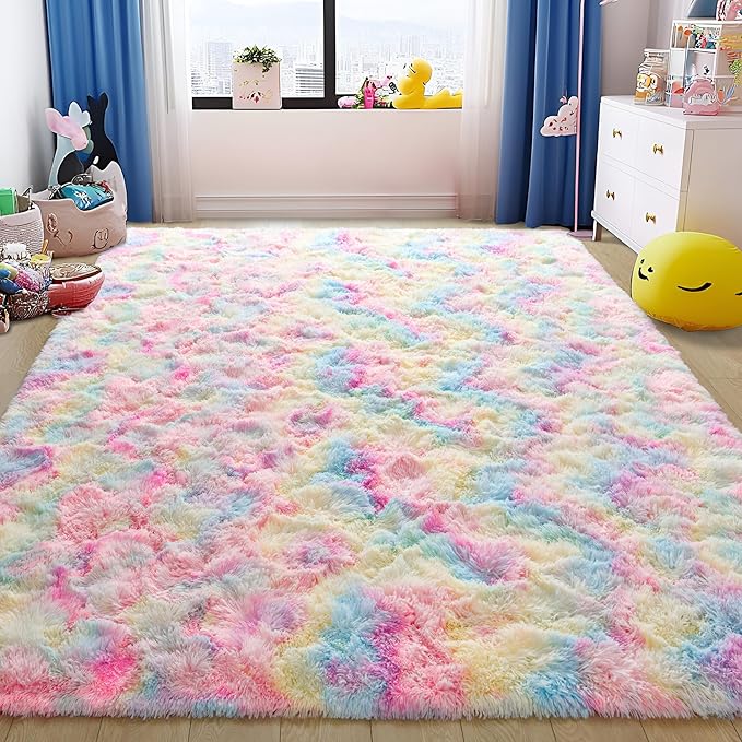Tepook Soft Rainbow Rug for Girls Room, Cute Fluffy Bedroom Rug, 5x8 Feet Shaggy Princess Colorful Carpet for Kids Teens Toddler Playroom Nursery Reading Nook, Pink