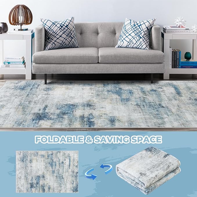 4'x6' Washable Area Rug - Modern Abstract Carpets for Living Room, Bedroom & Dining Room, Stain Resistant, Soft Non-Slip, Machine Washable (Blue Grey)