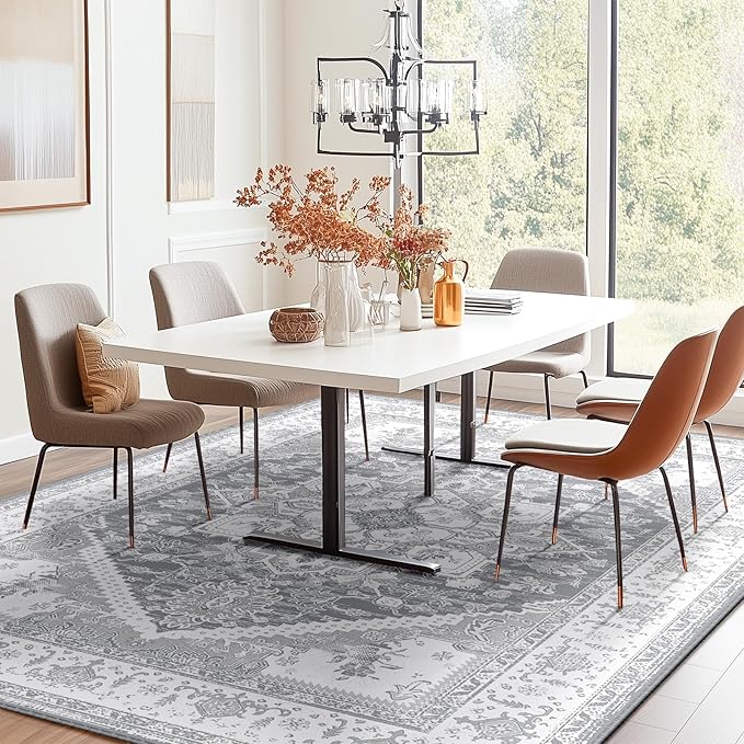 BESTSWEETIE 5x7 Area Rugs for Living Room Washable Non Slip Carpet Low Pile Soft Vintage Print Pattern Rug for Bedroom Dining Room Kitchen Entryway Indoor-Light Grey