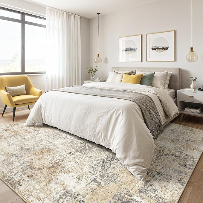 10x12 Area Rug Living Room: Washable Large Abstract Modern Soft Rugs Stain Resistant Indoor Floor Non Slip Accent Carpet for Bedroom Nursery Playroom Office Dining Room Dorm Home House- Gray Gold