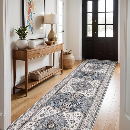 RUUGME Washable 3X12 Runner Rugs - Boho Rugs for Living Room Stain Resistant Carpet Vintage Rugs for Bedroom Kitchen with Non Slip Backing Home Decor Floor Decoration Mat 3x12 Navy