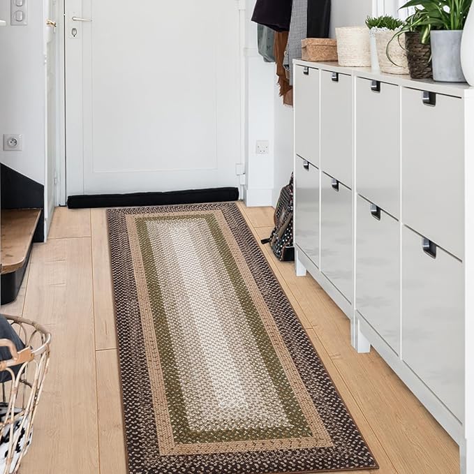 Imitation Braided Collection-Print Washable Runner Rugs 2x6 Hallway Rug with Non-Slip Backing, Farmhouse Low PileCarpet, Contemporary Bordered Indoor Mat for Bedroom, Kitchen, Laundry