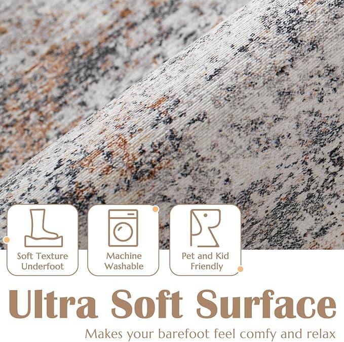 jinchan Round Rug 6ft Modern Area Rug 6' Round Circle Mat Washable Abstract Distressed Floor Cover Taupe Multi Contemporary Non-Slip Overdyed Thin Carpet for Living Room Dining Room Bedroom Kitchen