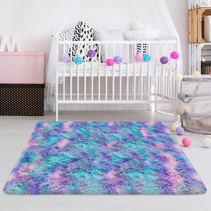 3x5Ft Purple Rainbow Area Rugs for Girls Room, Fluffy Colorful Rugs Cute Floor Carpets Shaggy Playing Mat for Kids Baby Girls Bedroom Nursery Home Decor Tie-Dyed Rainbow Rugs