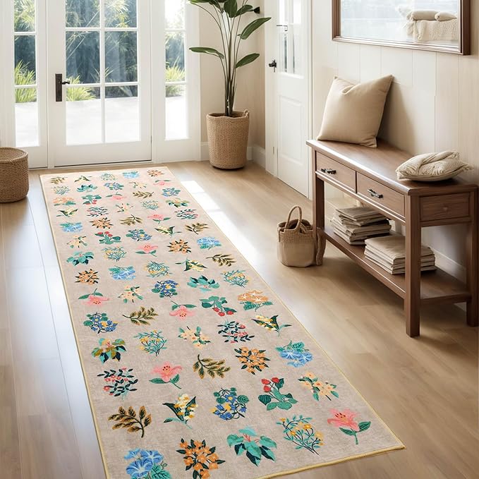 2x6 Floral Runner Rug Soft Non-Slip Machine Washable Kitchen Rug Runners for Hallway Bedroom Laundry Entrance Indoor Carpet, Beige Flower Accent Throw for Girls Room
