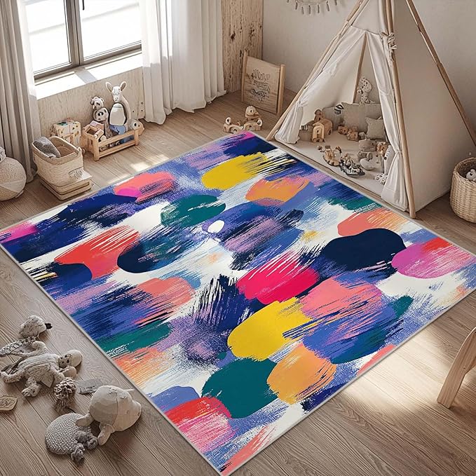 4x6 Rug Abstract Colorful Area Rug Bedroom Ultra-Thin Soft Low Pile Large Carpet Living Room Non Slip Dining Room Office Stain Resistant Washable Machine