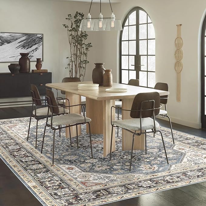 Washable Area Rug - 6x9 Bedroom Living Room Large Indoor Rugs Soft Oriental Vintage Rugs Non-Slip Backing Stain Resistant for Farmhouse Kitchen (6x9 Navy Blue)