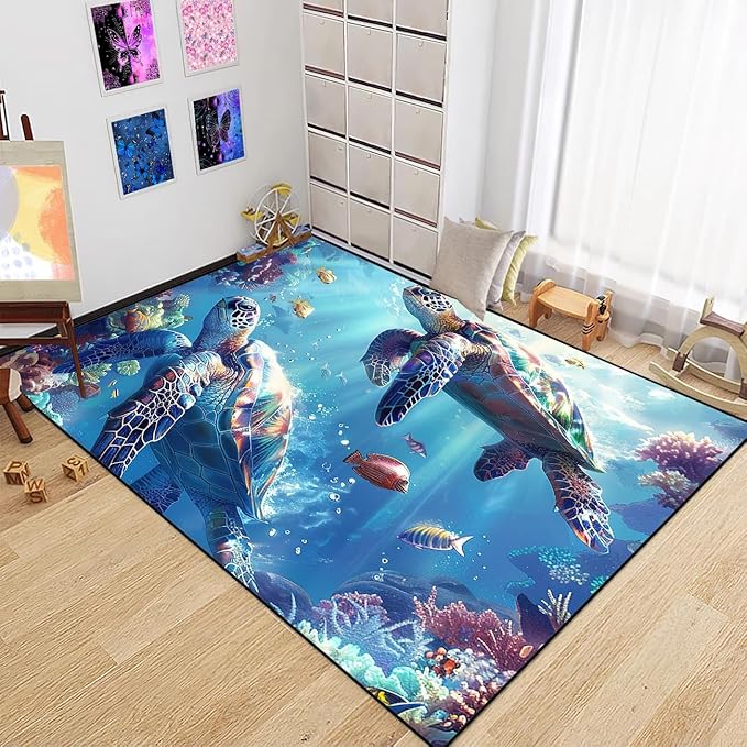 Sea Turtle Rug for Bedroom - Sea Turtle Ocean Animal Prints Carpet Rug for Kids Boys Room Underwater Ocean Theme Decor, 63" L x 47" W